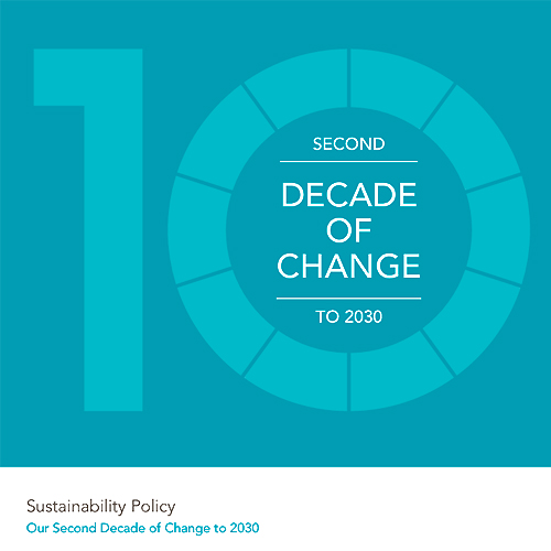 the cover of London Gatwick's Sustainability Policy - a large number 10 in teal colour with ''second decade of change to 2030' written in the zero