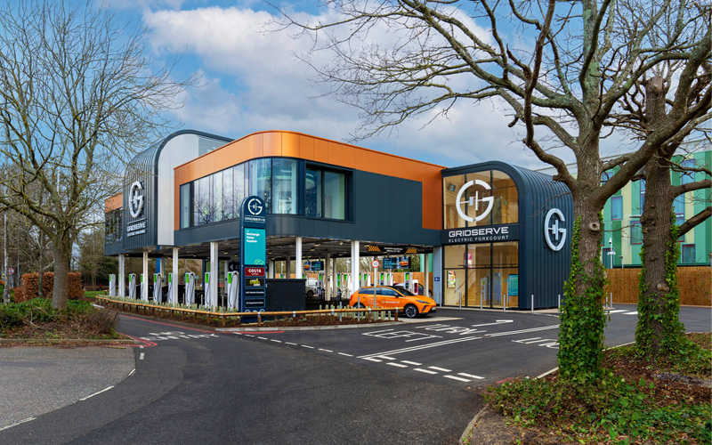 a photograph of the Gridserve electric car charging station at London Gatwick.