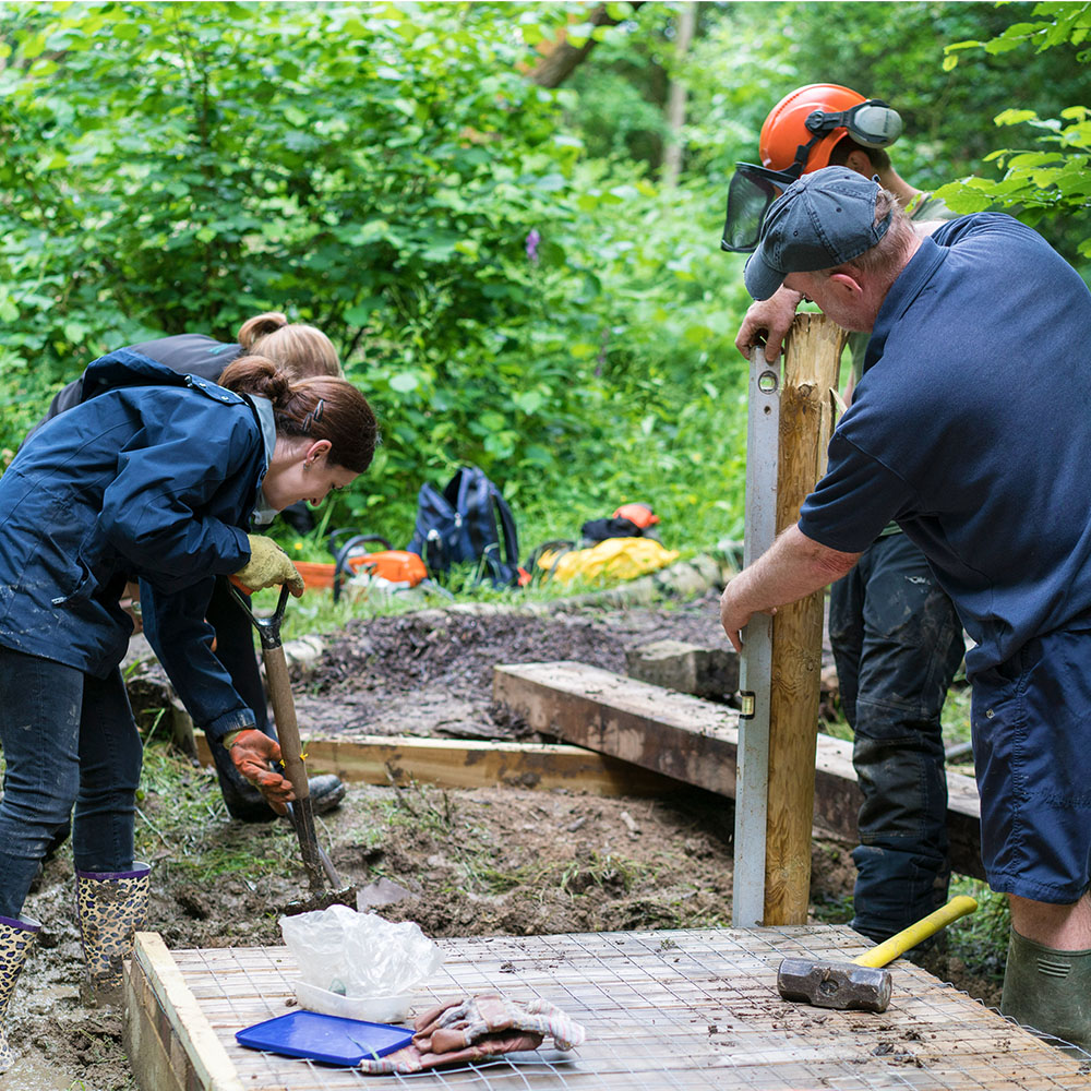 A group of volunteers installing a new wooden footpath in a forested area