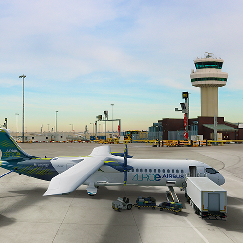 a CGI Rendering of a ZERO-E hydrogen plane parked on a remote stand at London Gatwick, with the control tower in the baackground