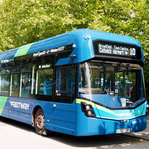 a photograph of a hydrogen bus at London Gatwick