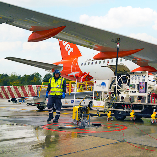 a photo of a man in a high vis vest refuelling an easyJet plane with SAF